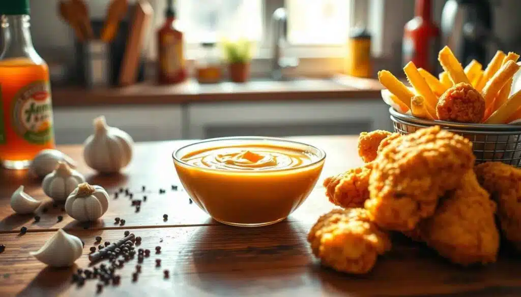 A vibrant kitchen scene featuring a bowl of creamy, goldeCane's dipping sauce with fresh ingredients scattered around, including garlic cloves, black pepper, and a bottle of hot sauce, alongside crispy chicken tenders and French fries on a wooden table, sunlight streaming in through a window, creating a warm and inviting atmosphere.