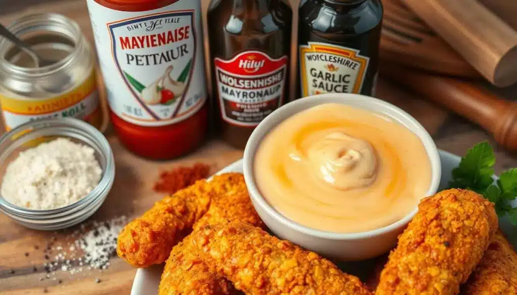 A vibrant kitchen scene features a bowl of creamy dipping sauce with a rich orange hue surrounded by fresh ingredients like mayonnaise, ketchup, garlic powder, Worcestershire sauce, and a sprinkle of black pepper. The background includes rustic wood surfaces and cooking utensils, evoking a homemade feel. A pair of crispy chicken tenders rest beside the sauce, invitingly placed for dipping.
